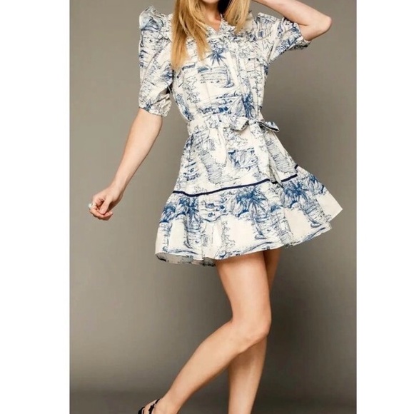 NWOT Umgee Blue Toile Print
Puff Sleeve Ruffle Mini Dress~Tie Waist ~Small - Picture 2 of 4